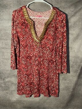 Joyous & Free Tunic Mini Dress L Pink Geometric Gold Chain Neck Resort Cover Up